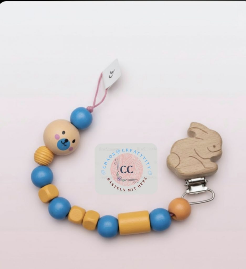 Schnullerkette - Holz Blau/Orange Hase